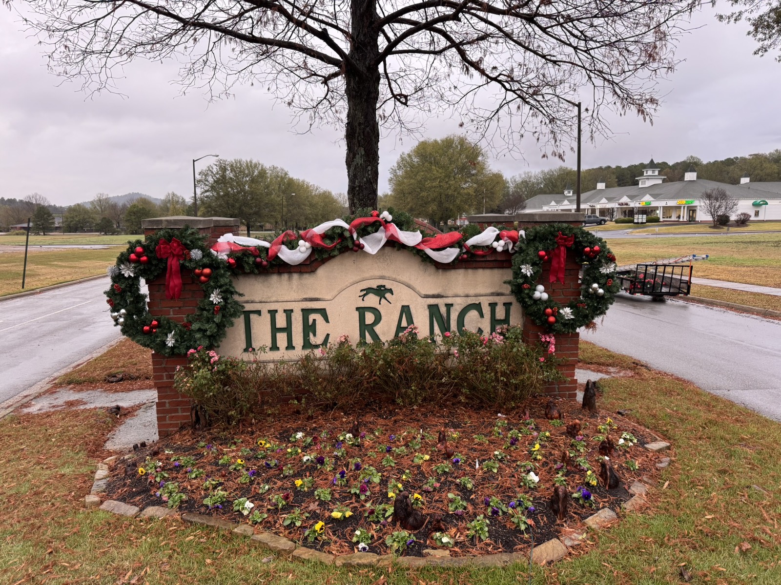 Commercial entrance wreaths and garland at The Ranch