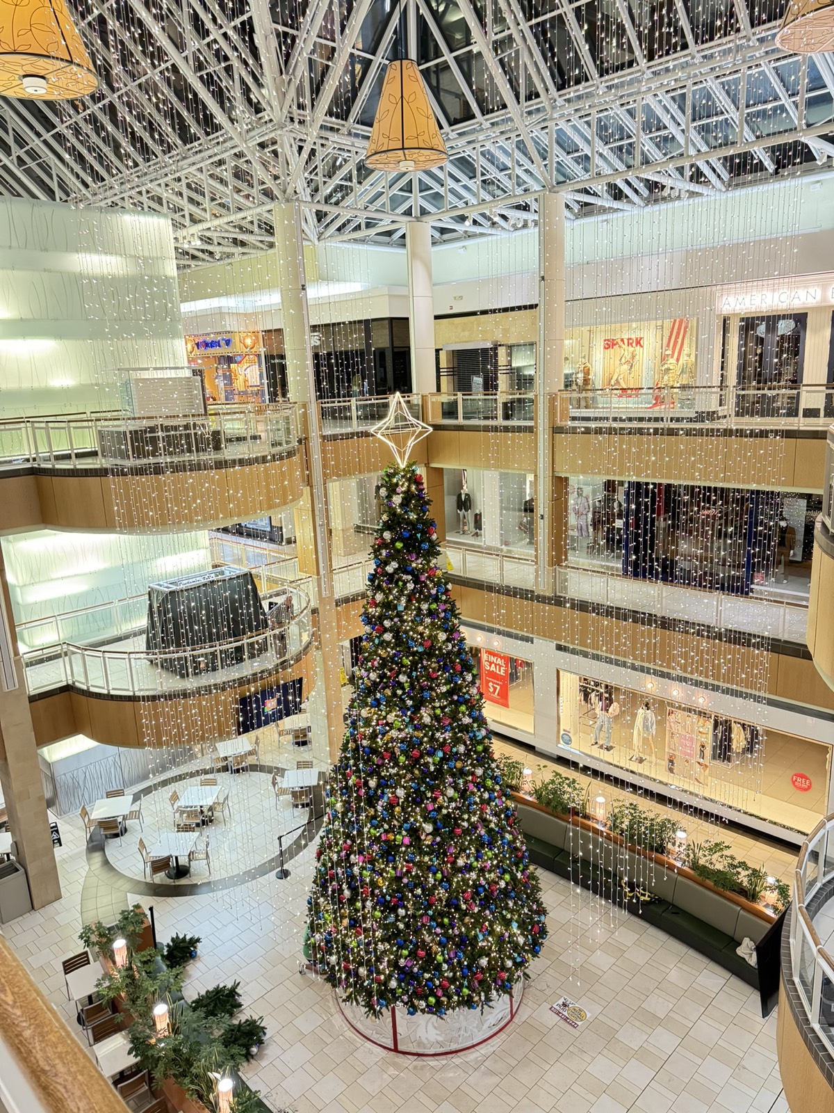 Finished, fully lit Christmas tree inside Park Plaza Mall