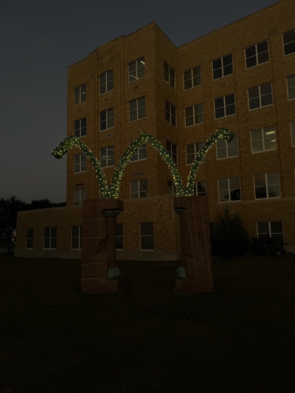 Lit garland archways on stone columns outside a commercial building